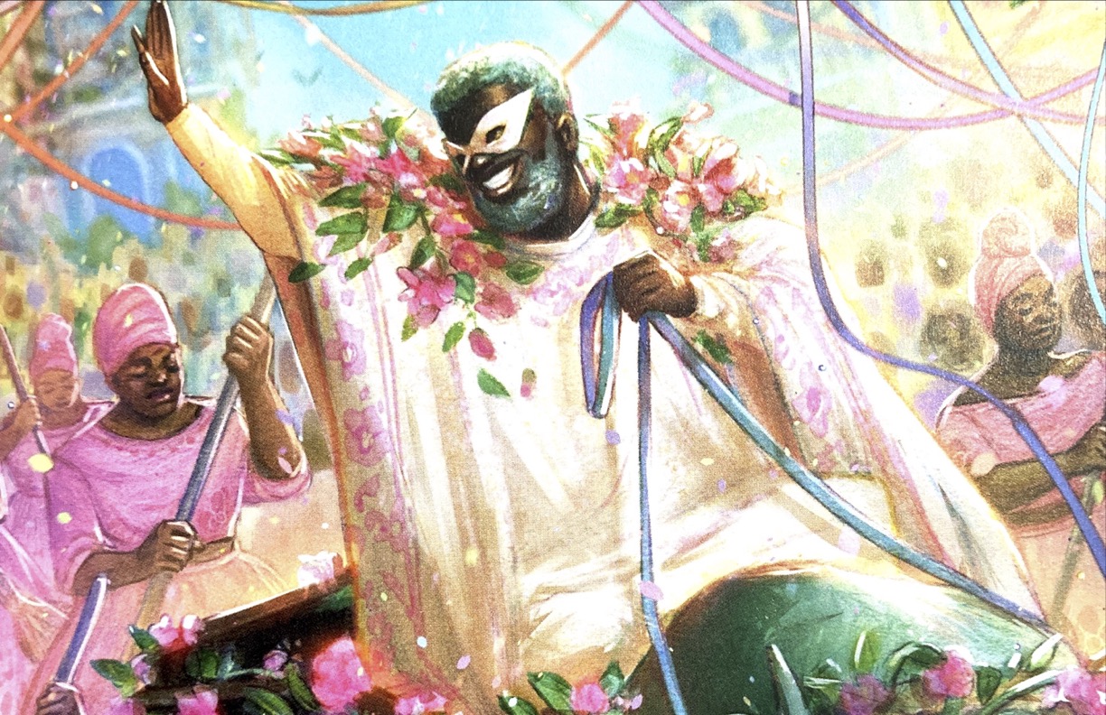 A  male presenting human wearing a white mask with long flowing robes and bedecked in flowers amid a crowded street.